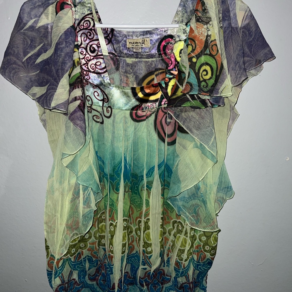 ONE WORLD Multi-Color Sheer Ruffle Boho Blouse - Picture 2 of 8
